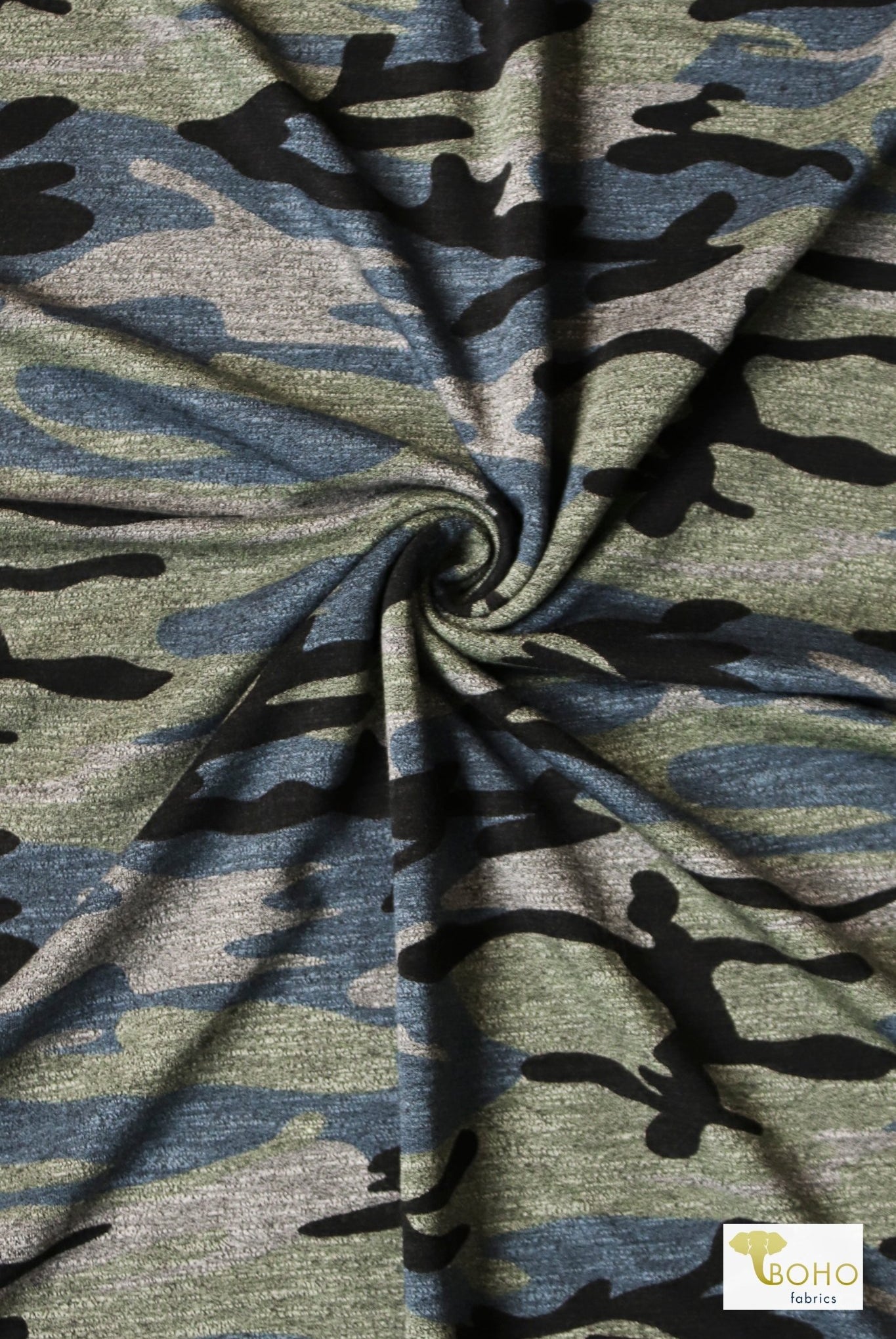 Vintage Blue Camo, Cotton French Terry Knit - Boho Fabrics