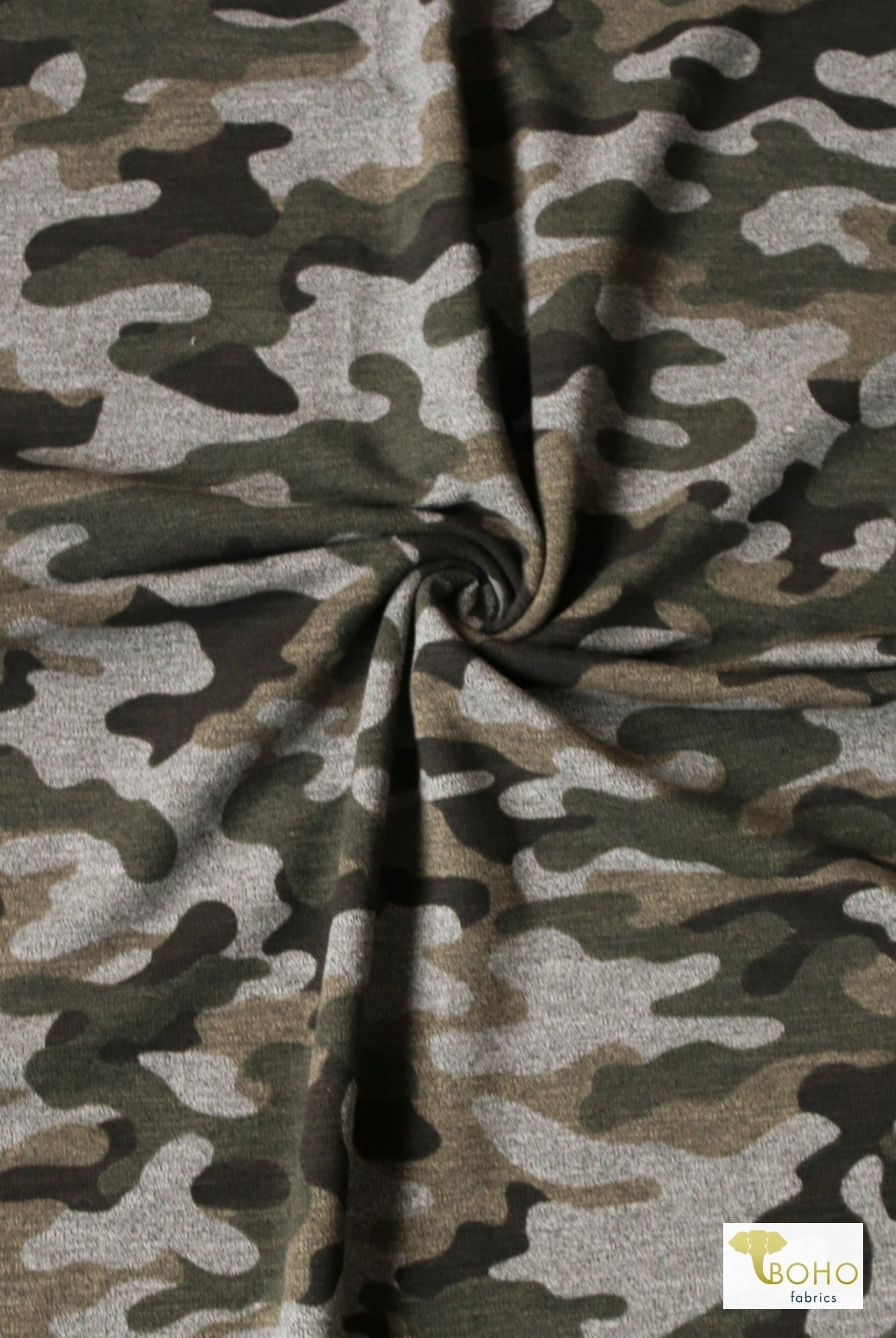 Vintage Green Camo, Cotton French Terry Knit - Boho Fabrics