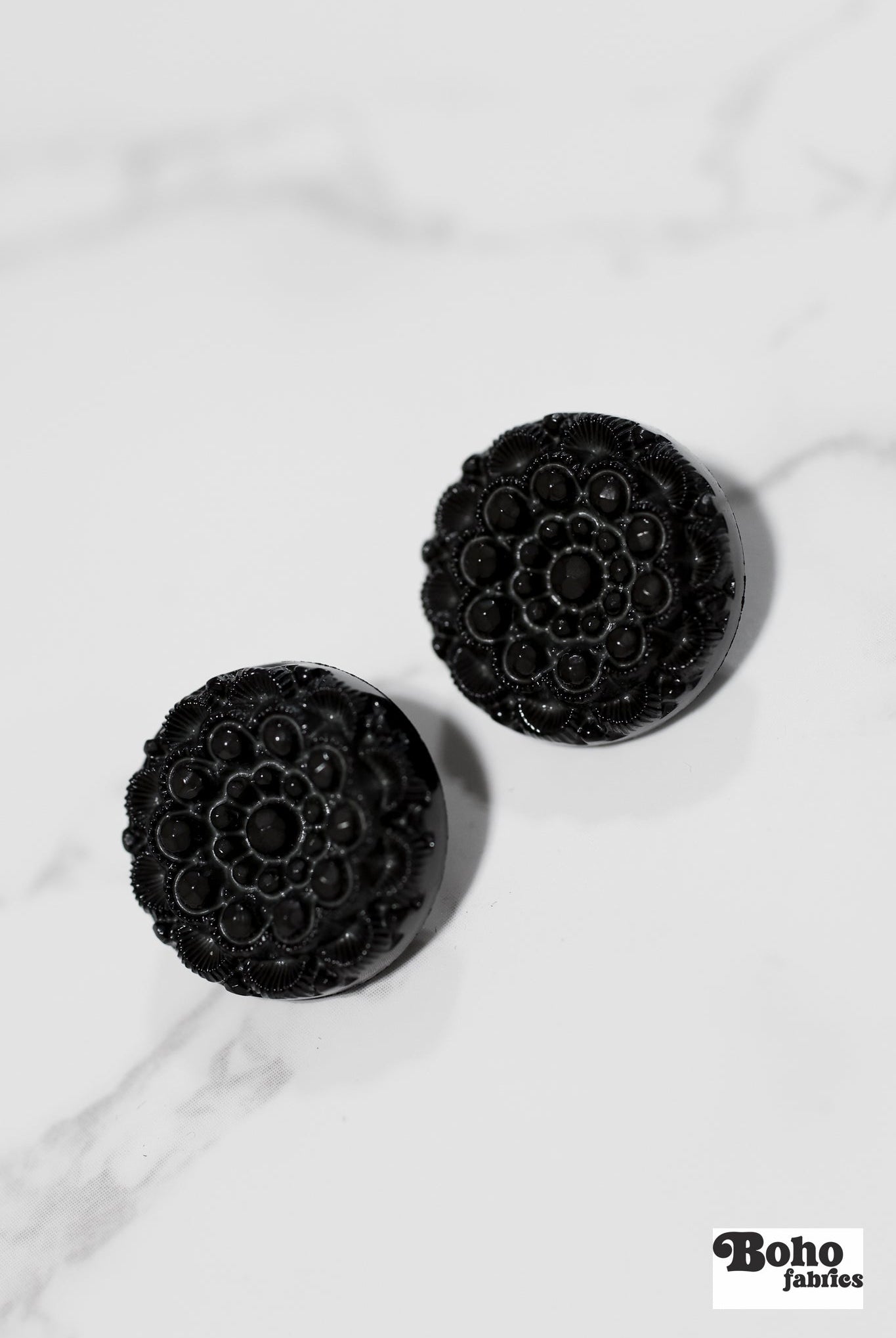 Vintage Inspired Jet Black Rosette Button. Available in 25mm (40L) - Boho Fabrics - Buttons & Snaps