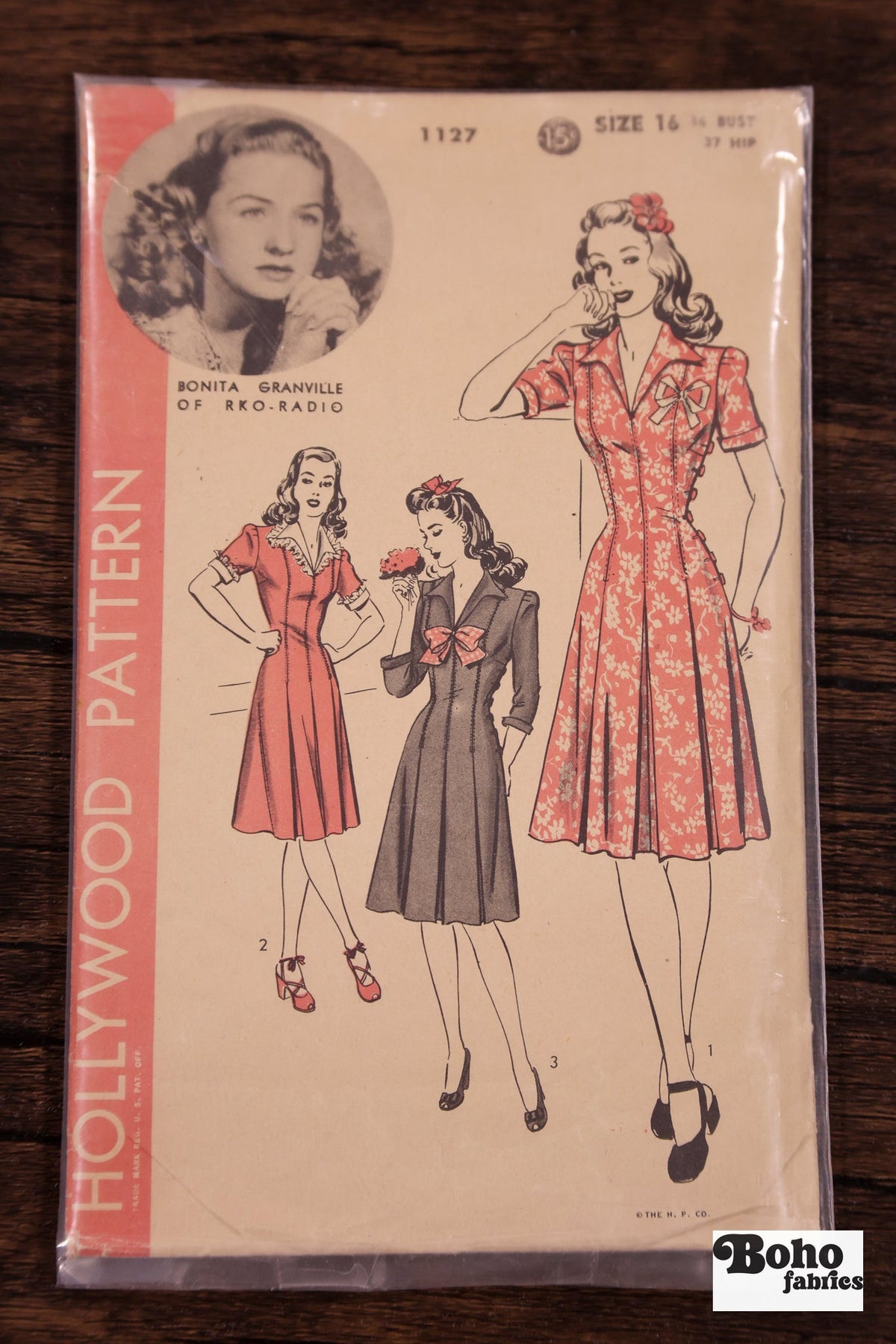 Vintage Sewing Pattern - 1940s - Hollywood 1127 - Bonita Granville Celebrity Star Dress | Bust 34 - Boho Fabrics - Sewing Patterns