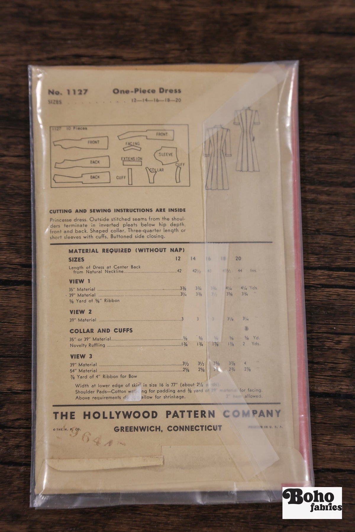 Vintage Sewing Pattern - 1940s - Hollywood 1127 - Bonita Granville Celebrity Star Dress | Bust 34 - Boho Fabrics - Sewing Patterns