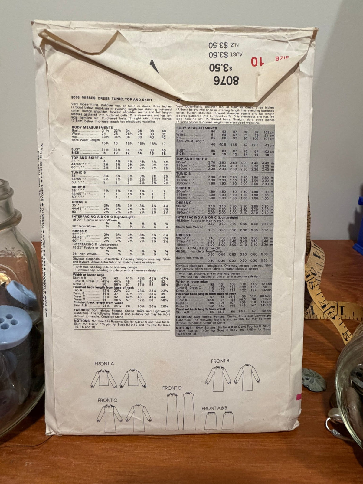 Vogue Sewing Pattern #8076 — Tunic Top & Skirt, Size 10, Vintage 1981 - Boho Fabrics - Sewing Patterns