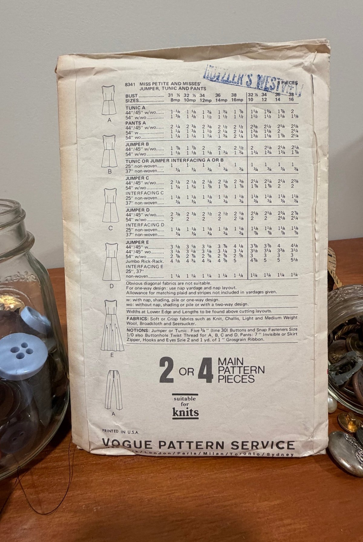 Vogue Sewing Pattern #8341 — Jumper, Tunic & Pants, Size 12, Bust 34, Vintage 1970s - Boho Fabrics - Sewing Patterns