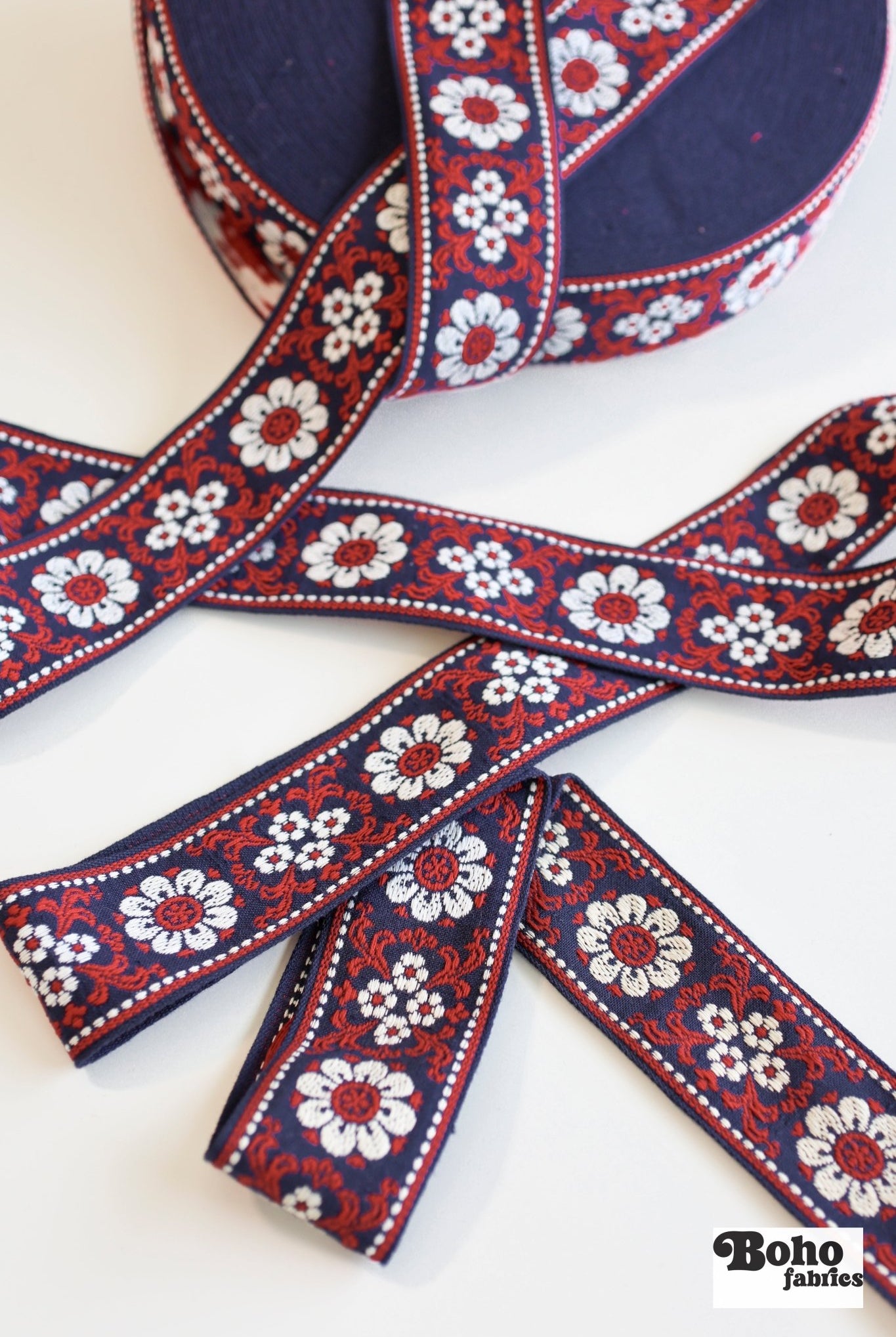 Volkslied Floral in Navy. Vintage Jacquard Woven Trim, 2.25" TRIM - 070 - Boho Fabrics - Trims