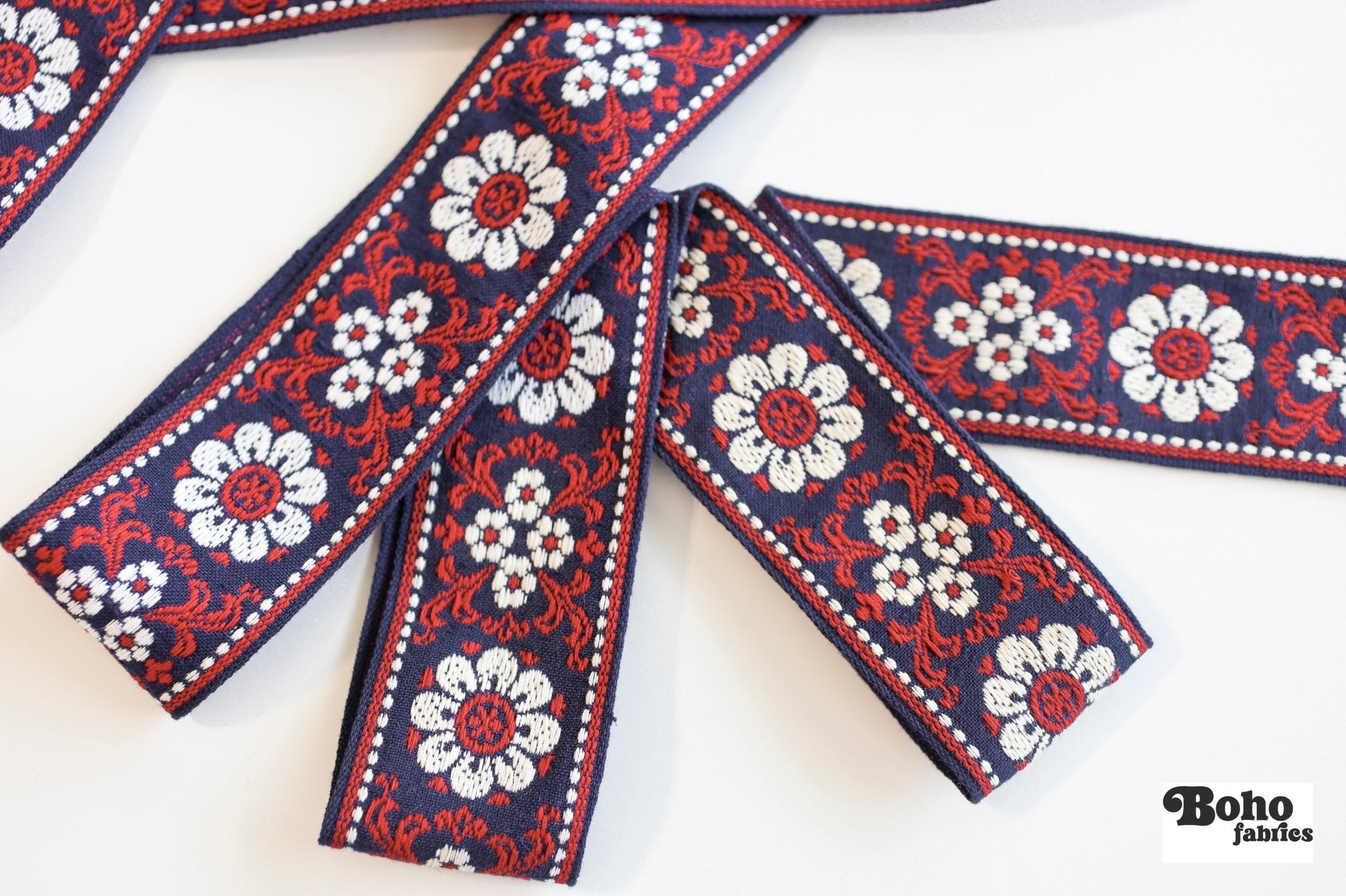 Volkslied Floral in Navy. Vintage Jacquard Woven Trim, 2.25" TRIM - 070 - Boho Fabrics - Trims