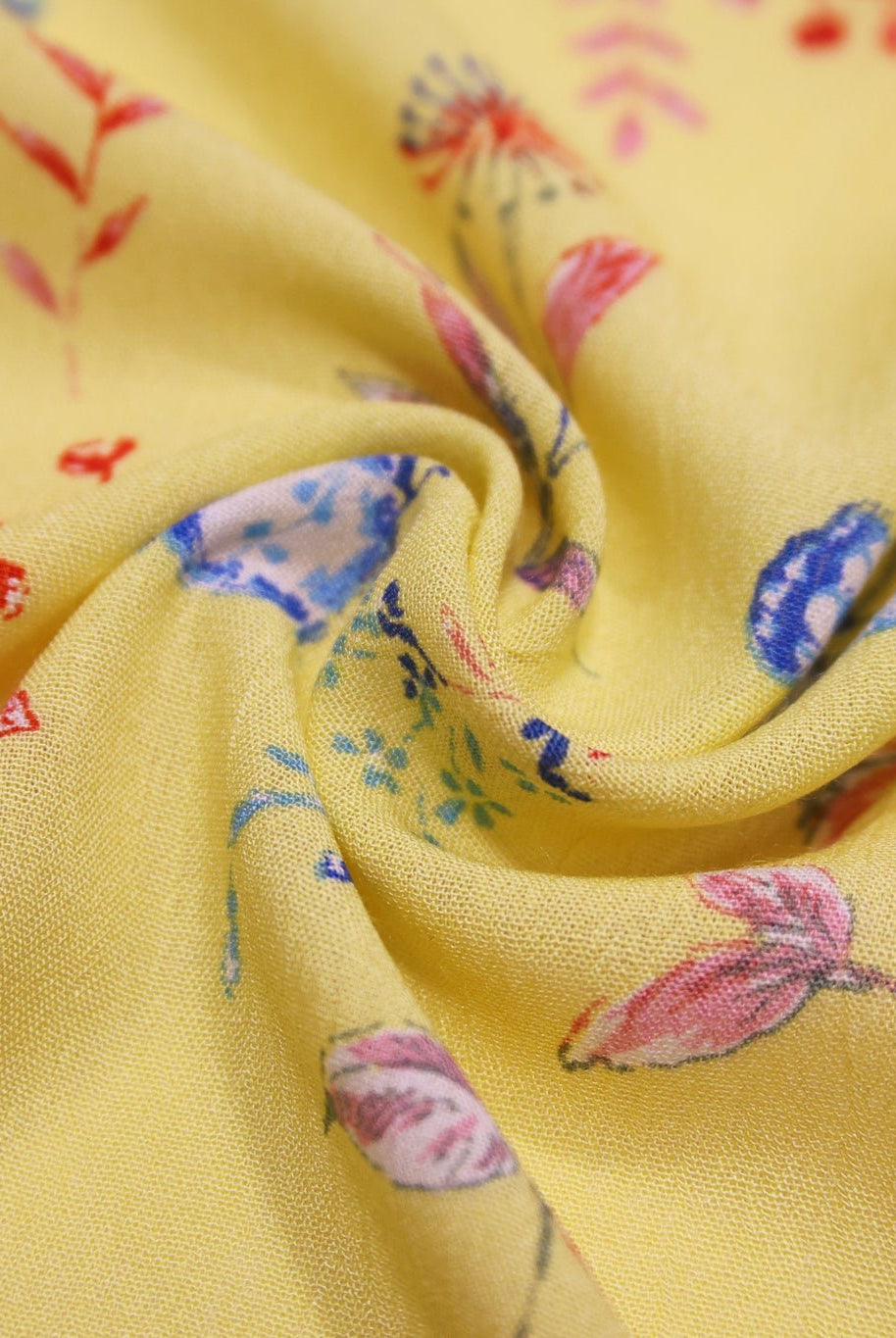 Whimsical Blue Butterfly Garden on Yellow Rayon Crepe Woven Fabric - Boho Fabrics - Crepe, Woven