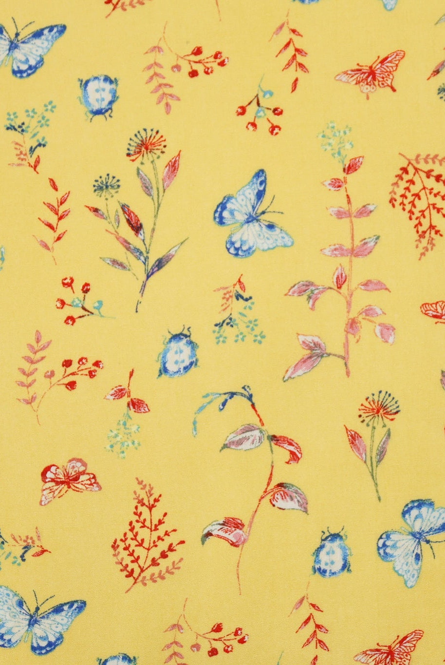 Whimsical Blue Butterfly Garden on Yellow Rayon Crepe Woven Fabric - Boho Fabrics - Crepe, Woven