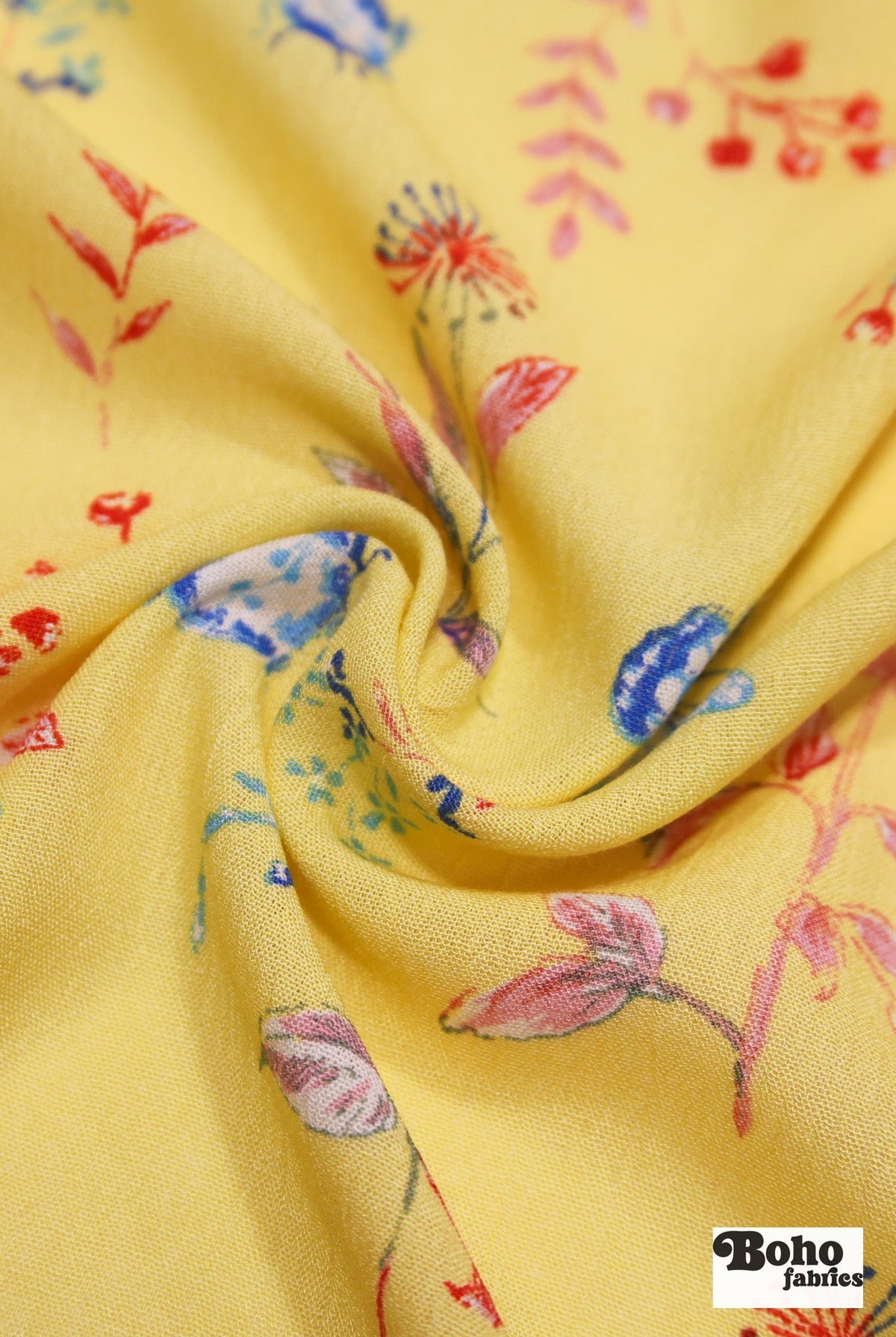 Whimsical Blue Butterfly Garden on Yellow Rayon Crepe Woven Fabric - Boho Fabrics - Crepe, Woven