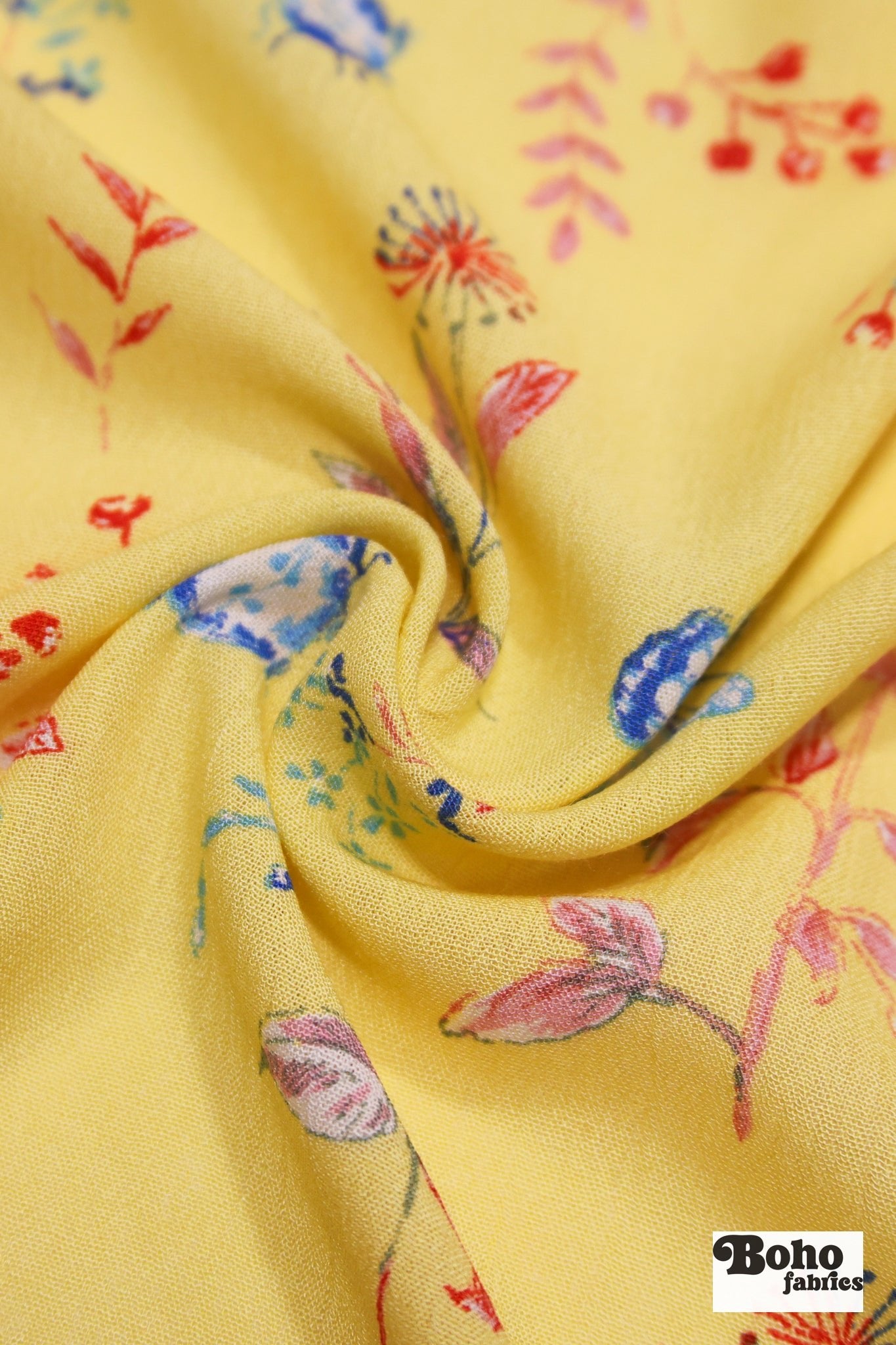 Whimsical Blue Butterfly Garden on Yellow Rayon Crepe Woven Fabric - Boho Fabrics - Crepe, Woven