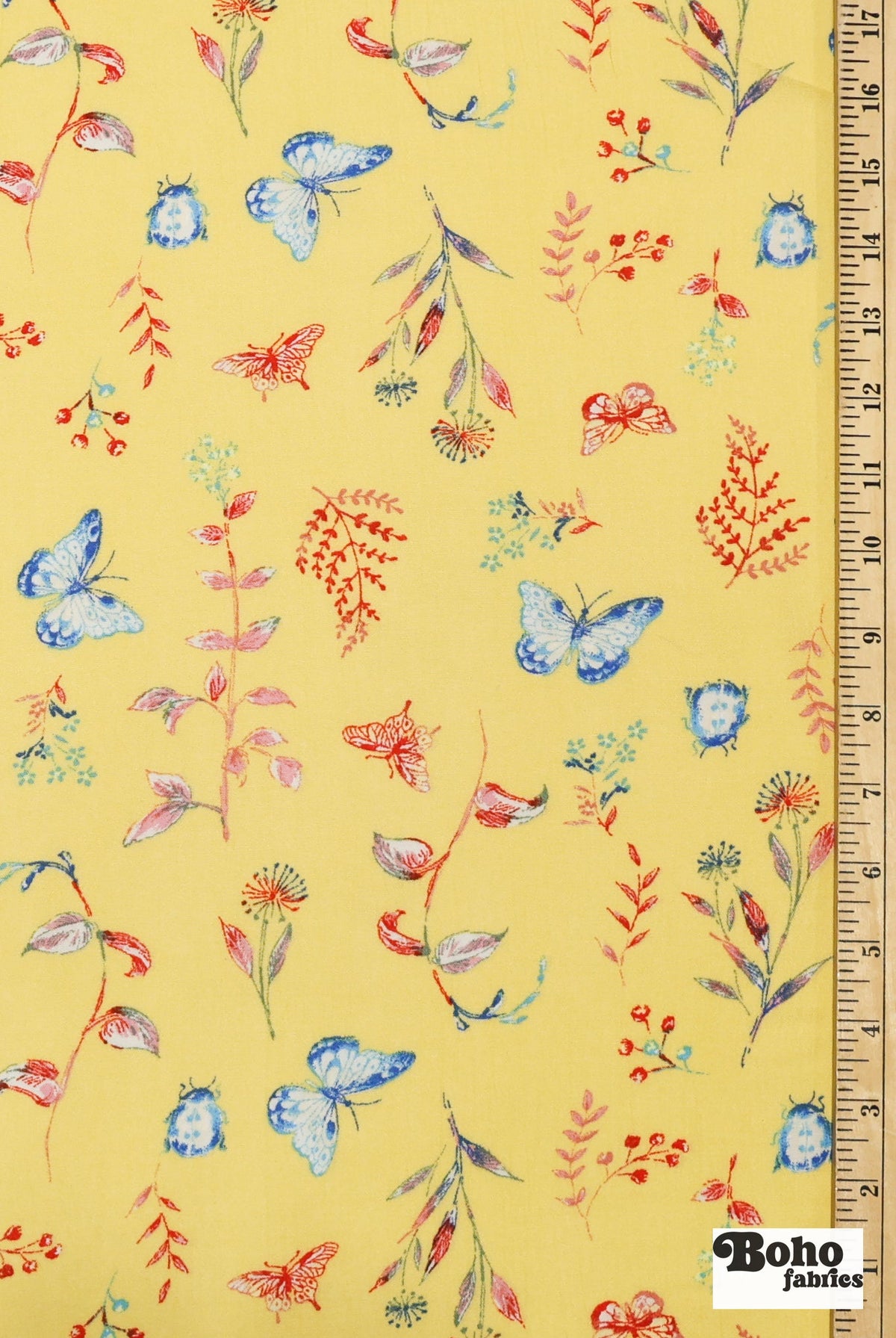 Whimsical Blue Butterfly Garden on Yellow Rayon Crepe Woven Fabric - Boho Fabrics - Crepe, Woven