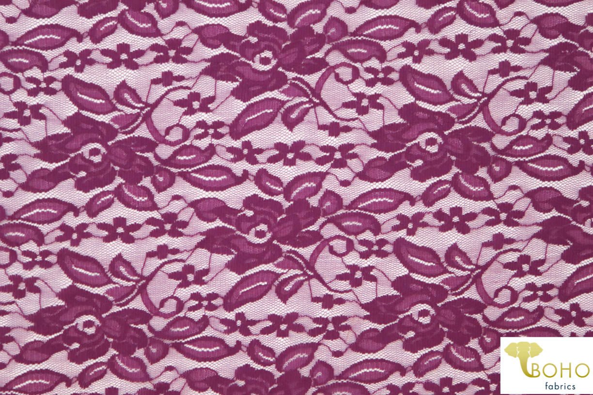 Whimsical Florals in Magenta. Stretch Lace. SL-116. - Boho Fabrics