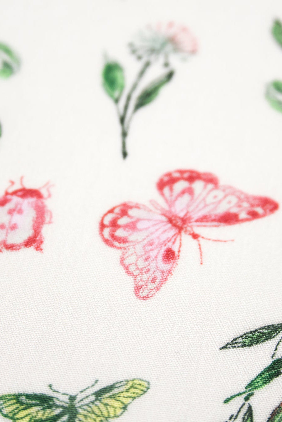 Whimsical Pink Butterfly Garden on White Rayon Crepe Woven Fabric - Boho Fabrics - Crepe, Woven