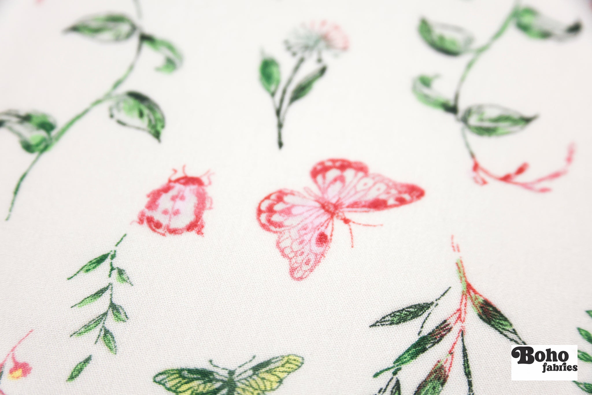 Whimsical Pink Butterfly Garden on White Rayon Crepe Woven Fabric - Boho Fabrics - Crepe, Woven