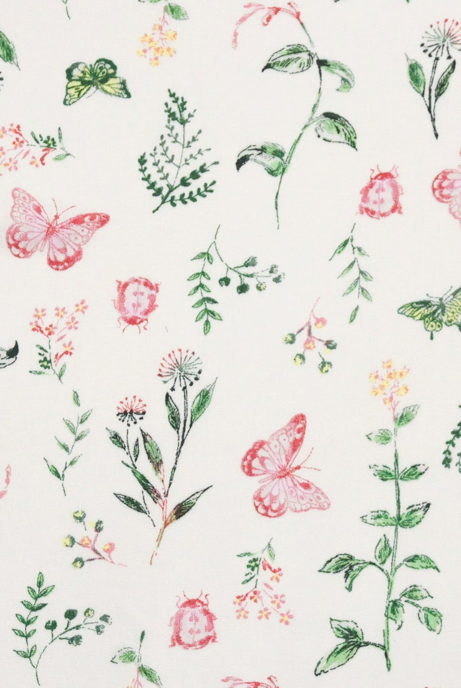 Whimsical Pink Butterfly Garden on White Rayon Crepe Woven Fabric - Boho Fabrics - Crepe, Woven