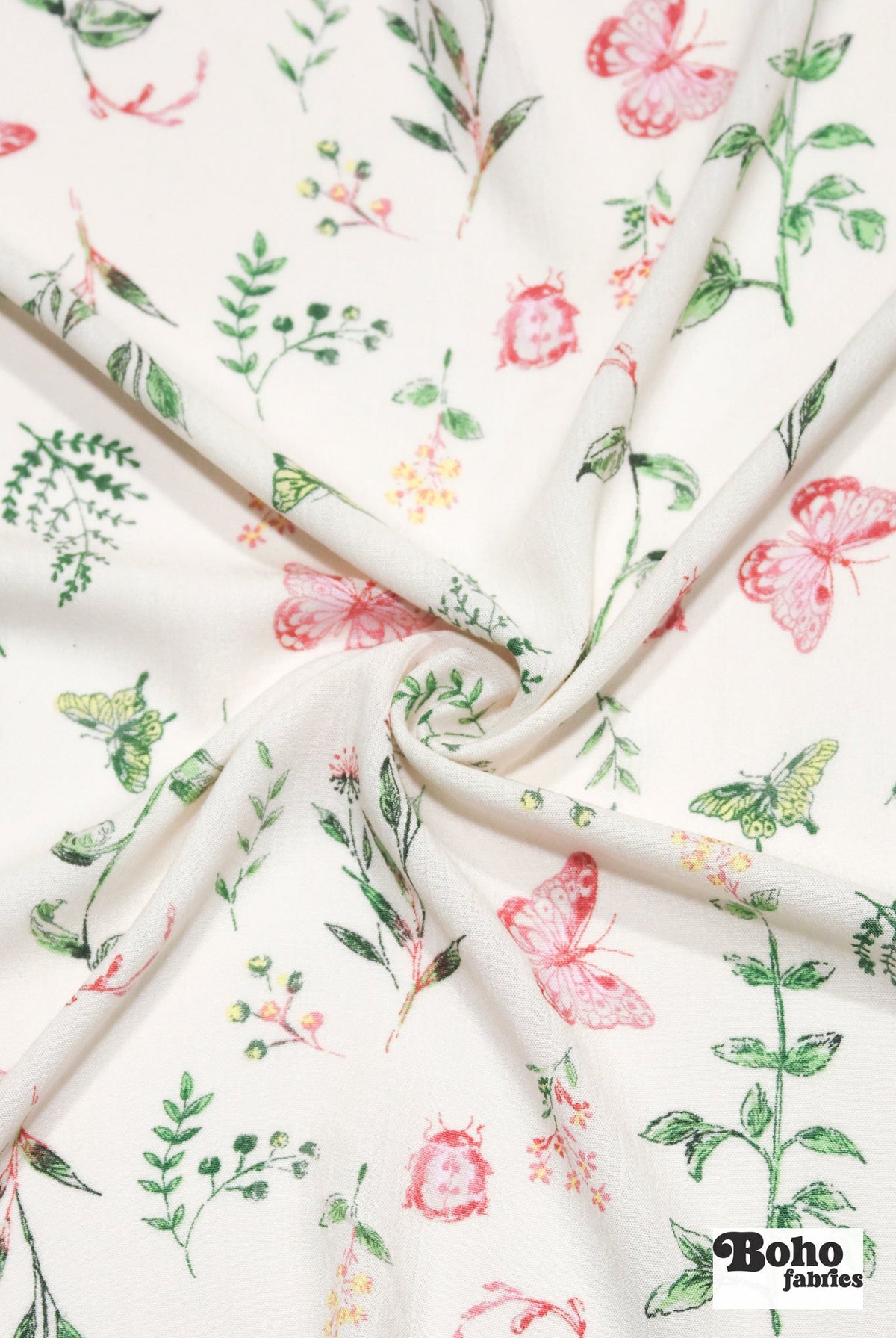 Whimsical Pink Butterfly Garden on White Rayon Crepe Woven Fabric - Boho Fabrics - Crepe, Woven