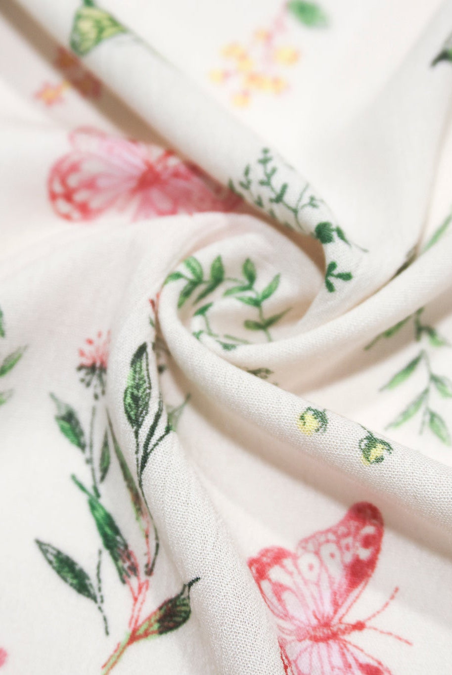 Whimsical Pink Butterfly Garden on White Rayon Crepe Woven Fabric - Boho Fabrics - Crepe, Woven