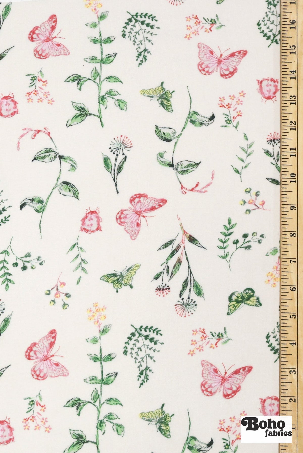 Whimsical Pink Butterfly Garden on White Rayon Crepe Woven Fabric - Boho Fabrics - Crepe, Woven