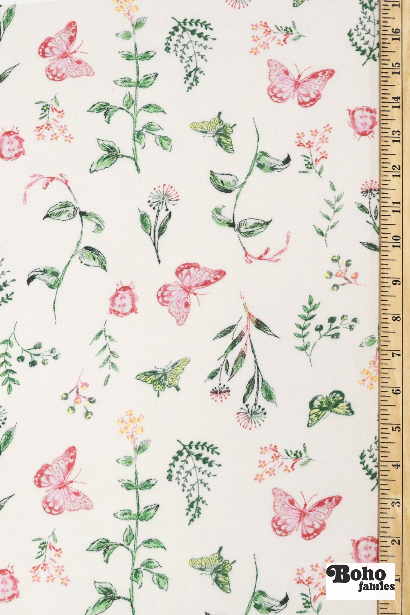 Whimsical Pink Butterfly Garden on White Rayon Crepe Woven Fabric - Boho Fabrics - Crepe, Woven