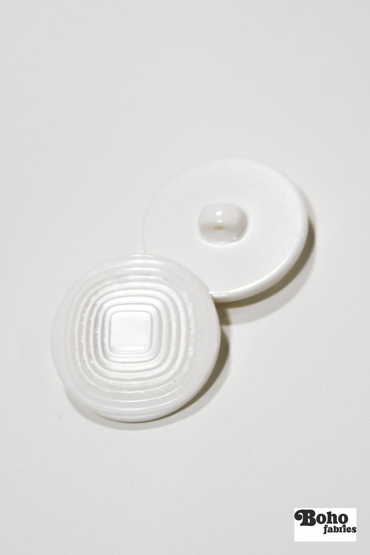 White Pearl Concentric Square Plastic Shank Buttons. 24L (15mm / 5/8"), 32L (20mm 13/16"), 36L (23mm / 7/8") - Boho Fabrics - Buttons & Snaps