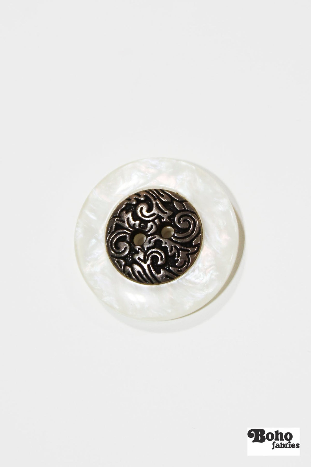 White Pearl & Gold Filigree 2-Hole Plastic Buttons. 40L (25mm / 1") - Boho Fabrics - Buttons & Snaps