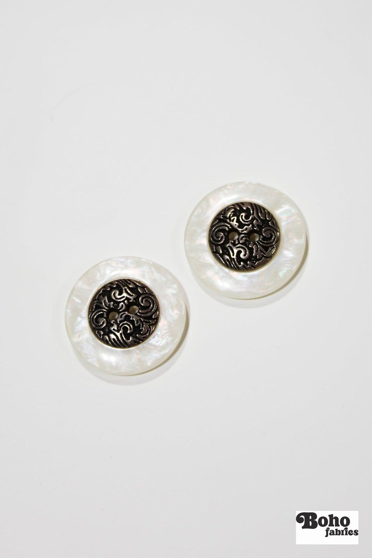 White Pearl & Gold Filigree 2-Hole Plastic Buttons. 40L (25mm / 1") - Boho Fabrics - Buttons & Snaps