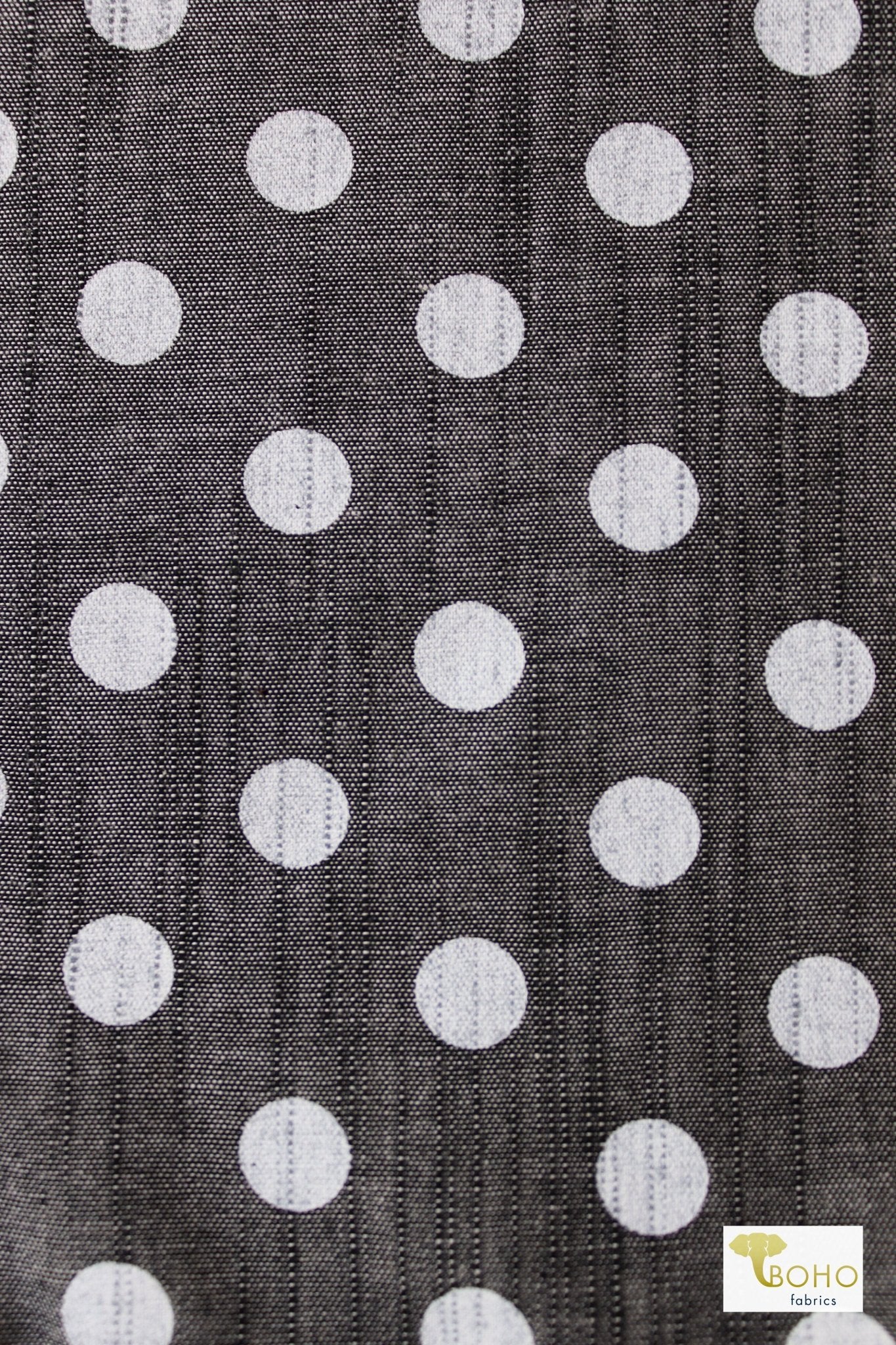 White Polka Dots on Black, Cotton Chambray Woven - Boho Fabrics