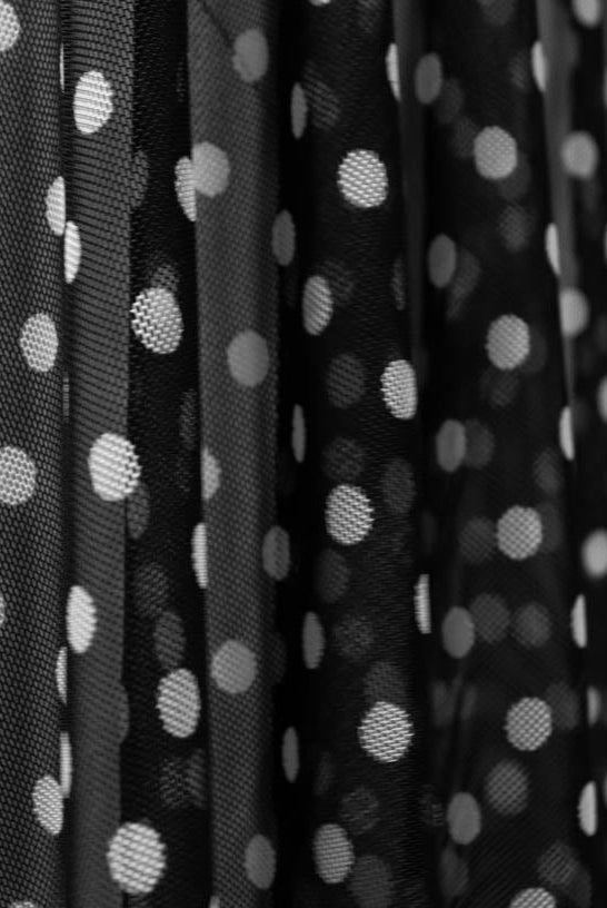 White Polka Dots on Black. Stretch Mesh. SM-101. - Boho Fabrics