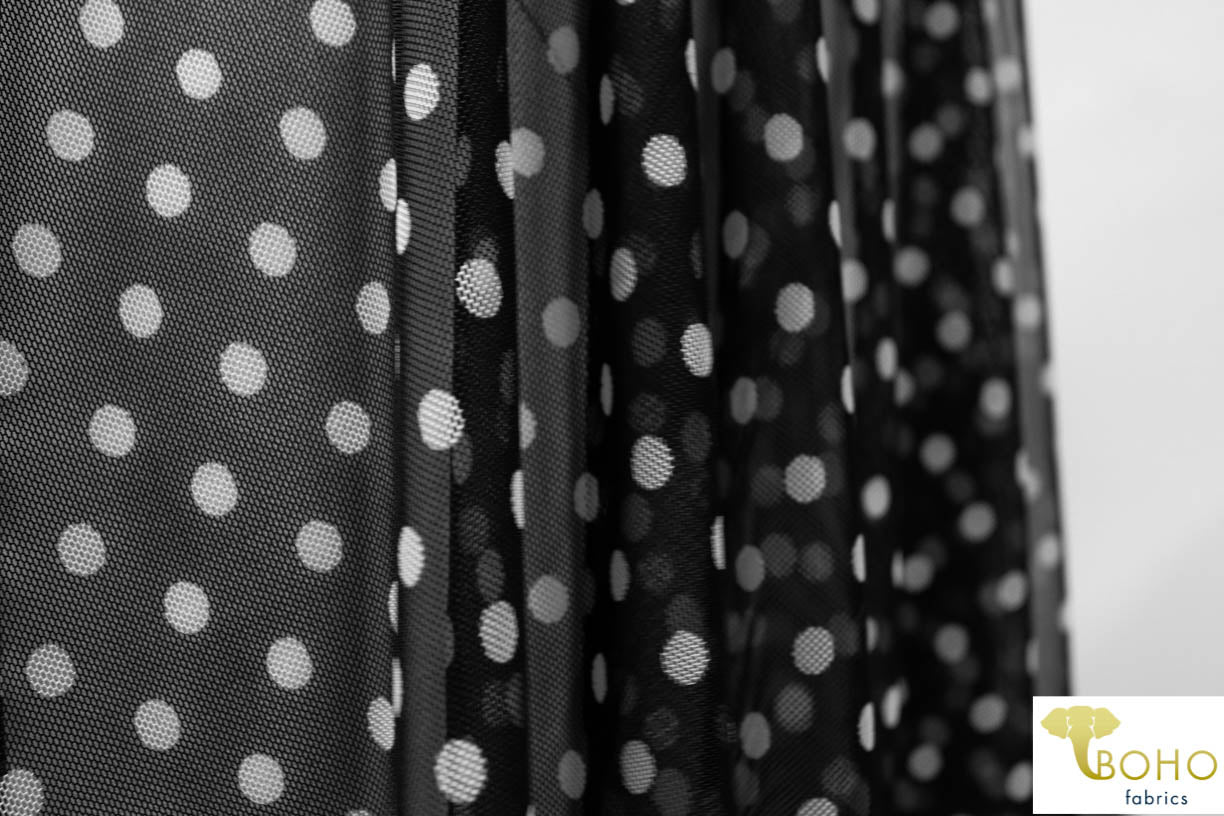 White Polka Dots on Black. Stretch Mesh. SM-101. - Boho Fabrics