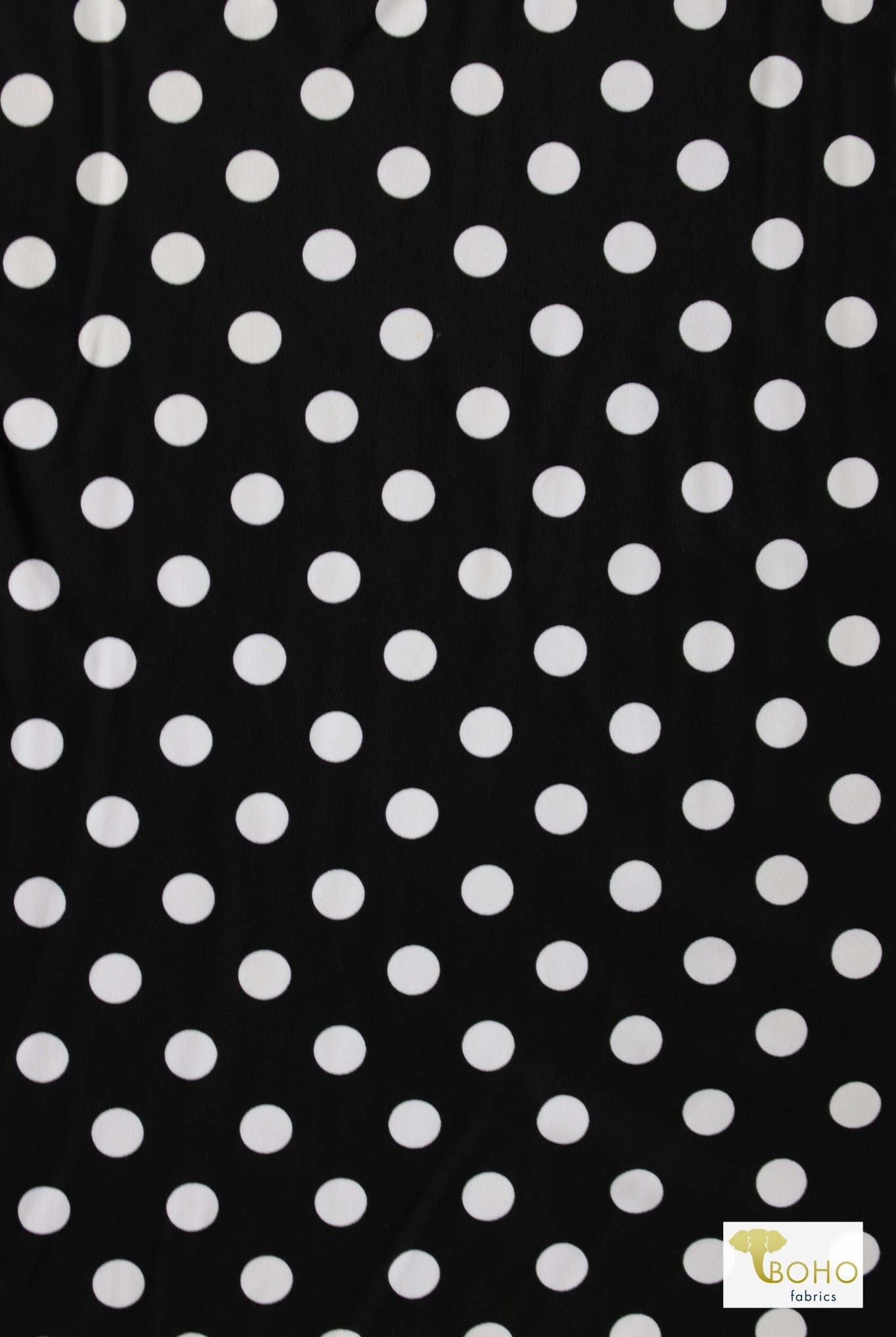 White Polka Dots on Black, Swim/Athletic Knit (32" Panel) - Boho Fabrics - Swim Knit, Printed Fabric
