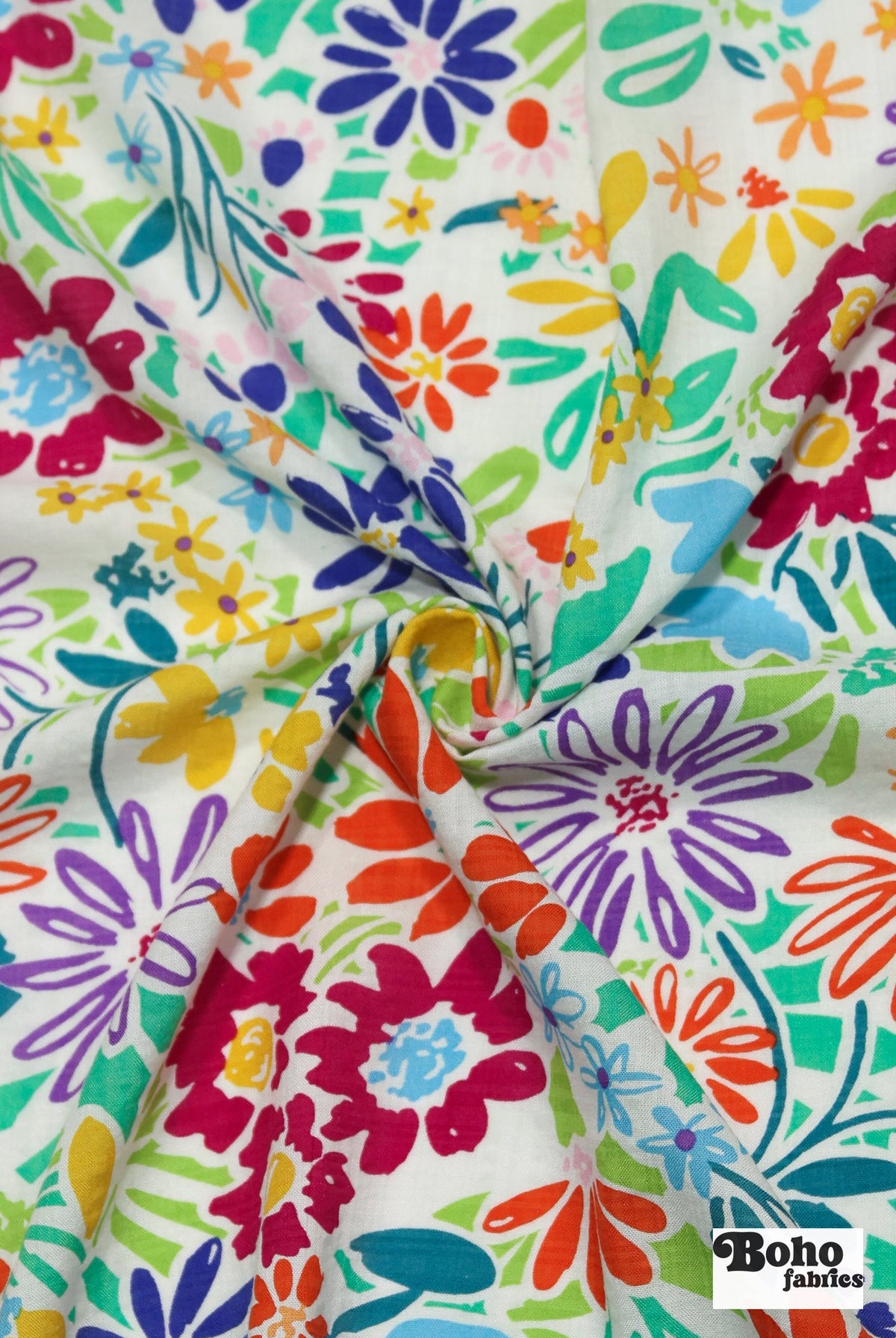 White with Bright Multi-Color Doodle Florals Rayon Woven Fabric - Boho Fabrics - Woven, Fabric