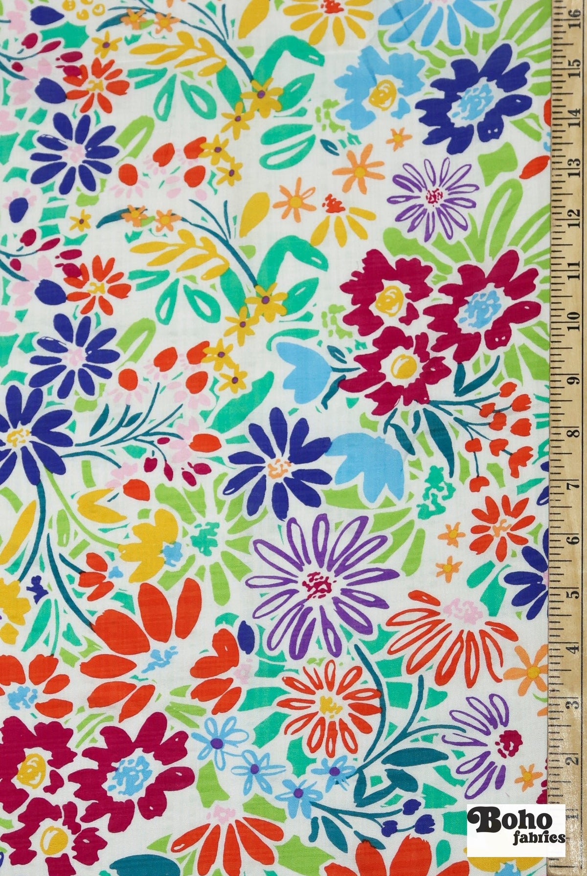 White with Bright Multi-Color Doodle Florals Rayon Woven Fabric - Boho Fabrics - Woven, Fabric