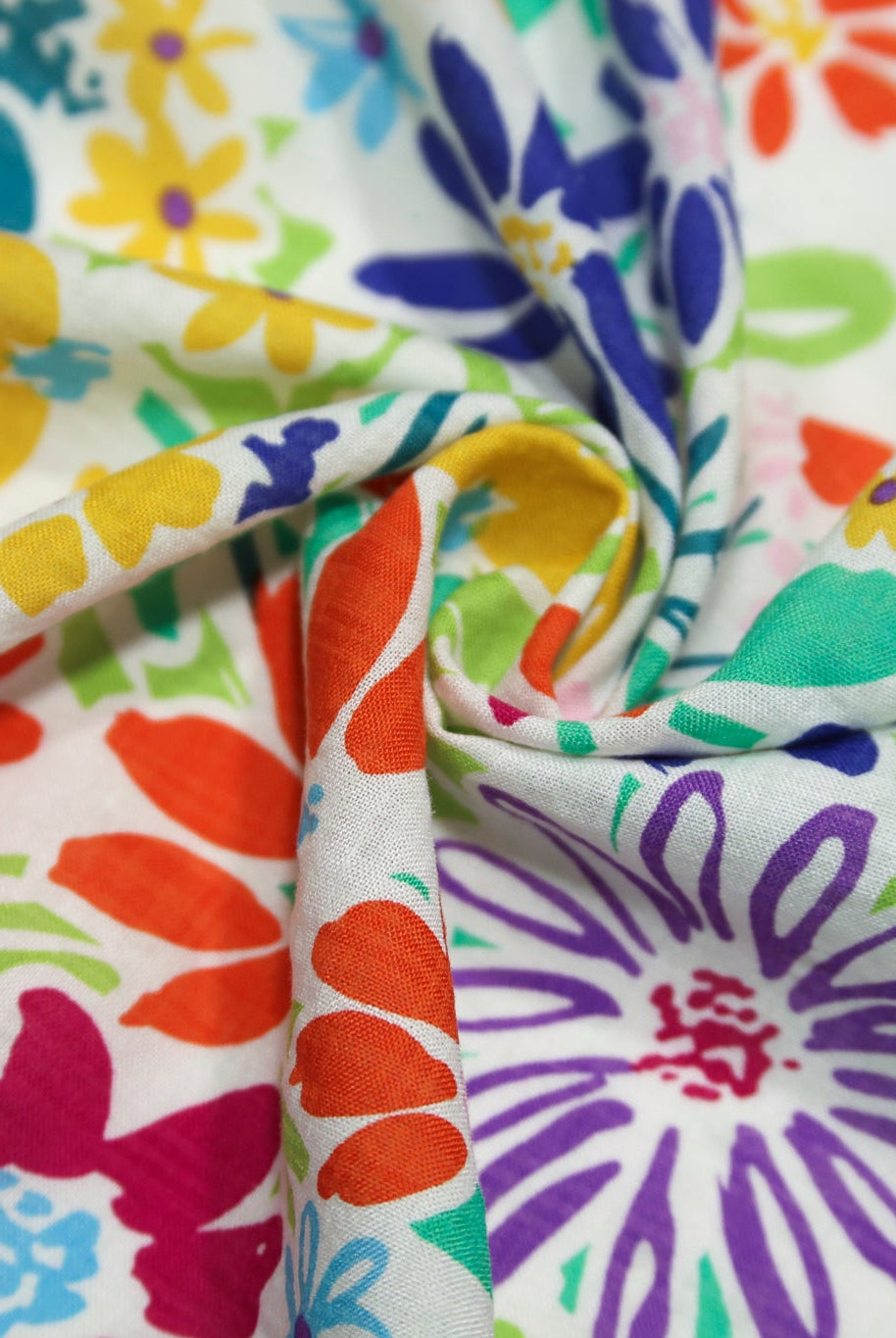 White with Bright Multi-Color Doodle Florals Rayon Woven Fabric - Boho Fabrics - Woven, Fabric