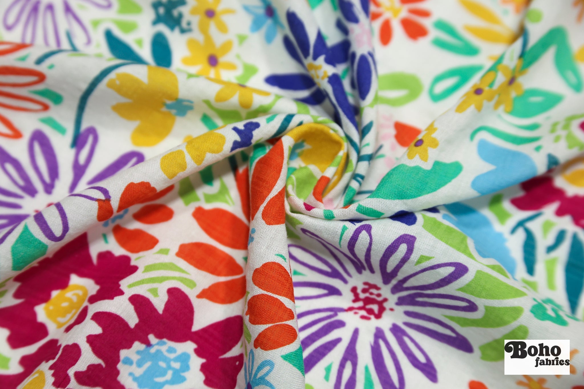 White with Bright Multi-Color Doodle Florals Rayon Woven Fabric - Boho Fabrics - Woven, Fabric