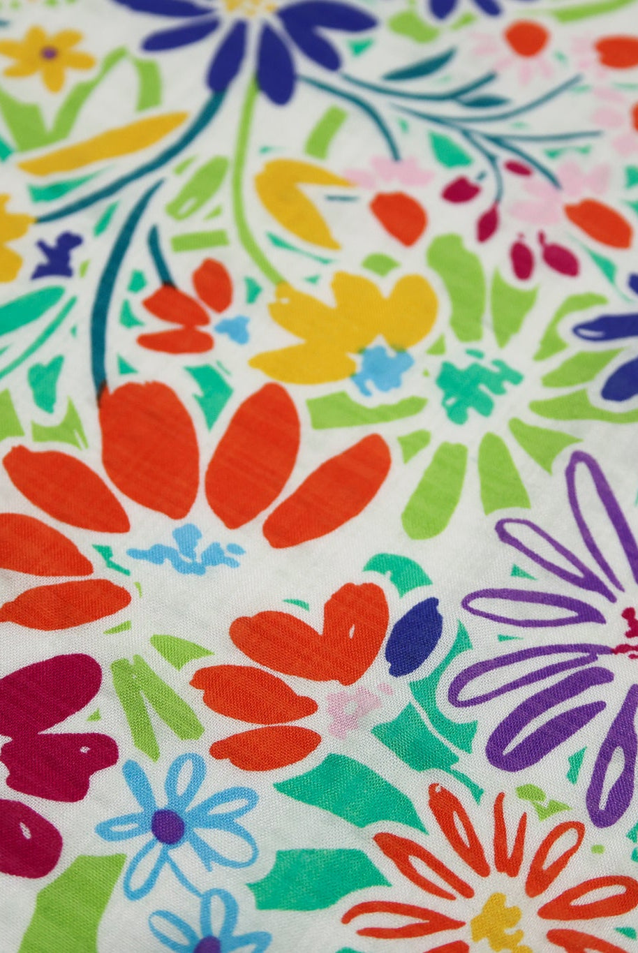 White with Bright Multi-Color Doodle Florals Rayon Woven Fabric - Boho Fabrics - Woven, Fabric