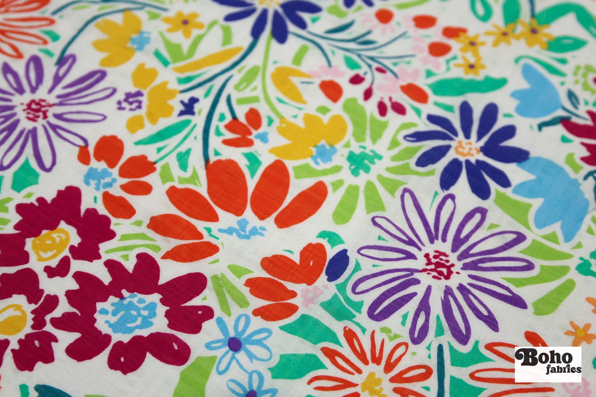 White with Bright Multi-Color Doodle Florals Rayon Woven Fabric - Boho Fabrics - Woven, Fabric