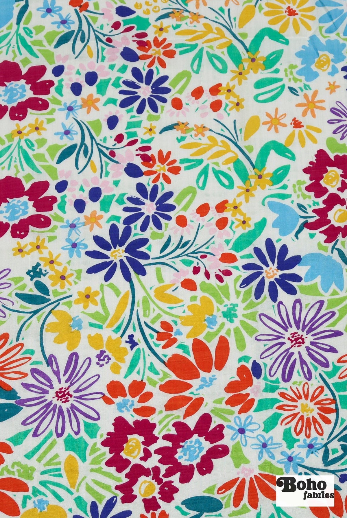 White with Bright Multi-Color Doodle Florals Rayon Woven Fabric - Boho Fabrics - Woven, Fabric