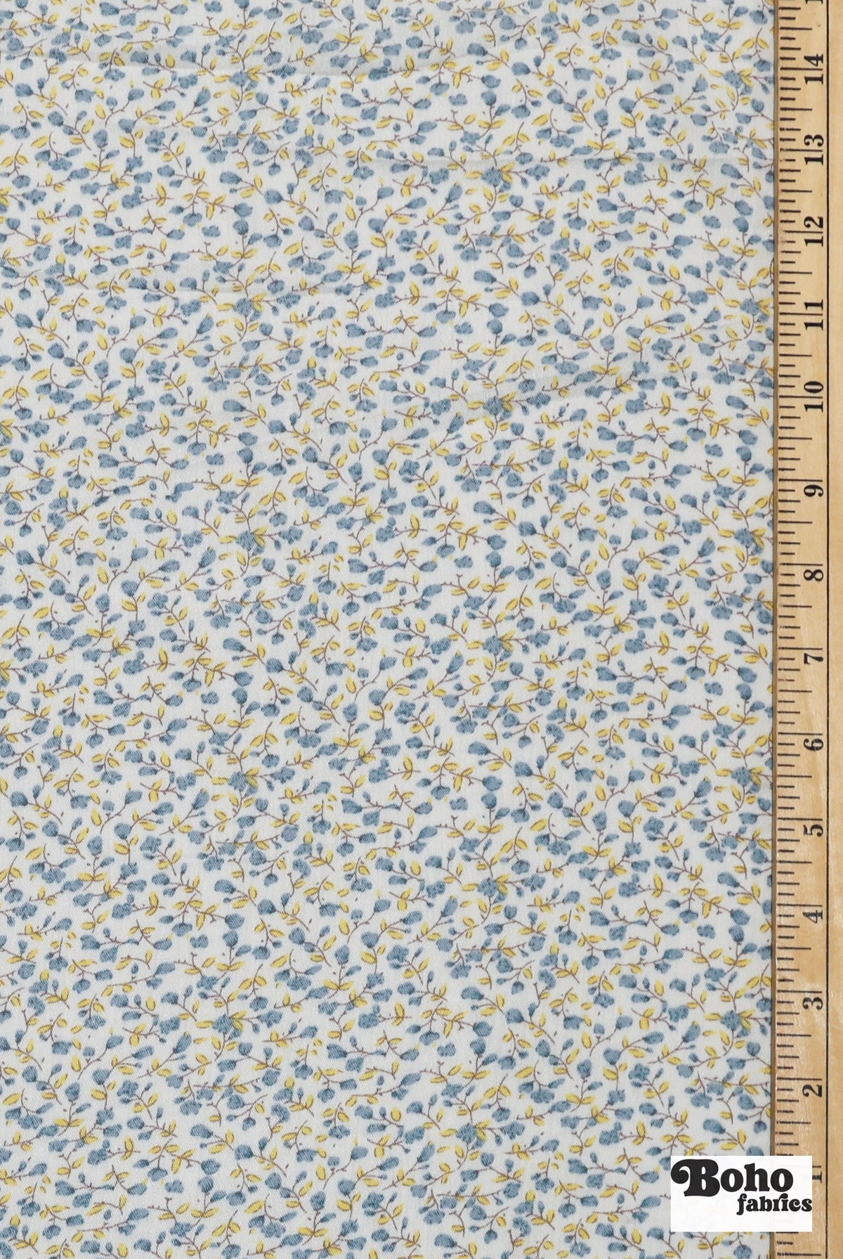 White with Ditsy Blue & Yellow Flowers Rayon Crepe Woven Fabric - Boho Fabrics - Crepe, Woven