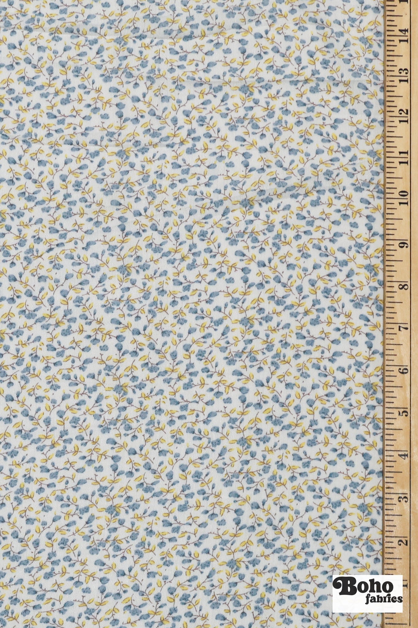White with Ditsy Blue & Yellow Flowers Rayon Crepe Woven Fabric - Boho Fabrics - Crepe, Woven