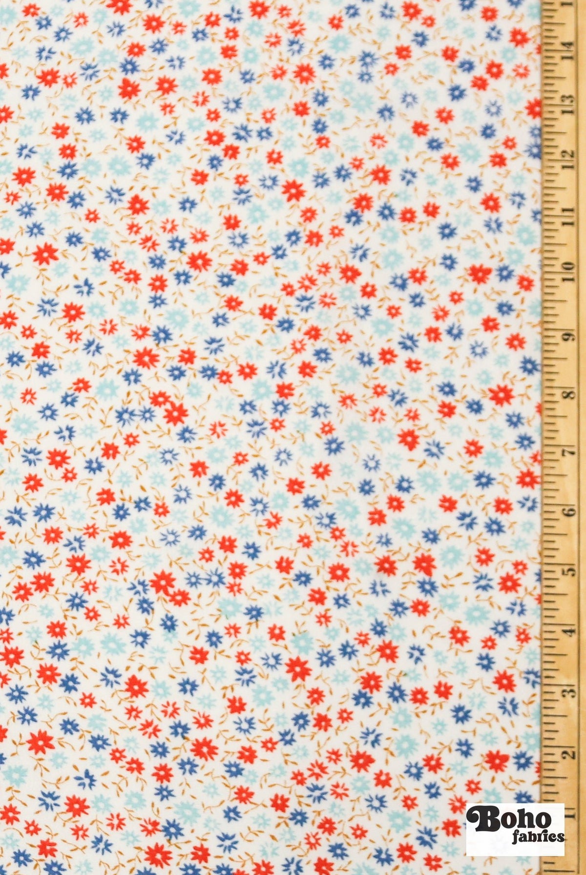 White with Red and Light Blue Ditsy Florals Rayon Crepe Woven Fabric - Boho Fabrics - Crepe, Woven