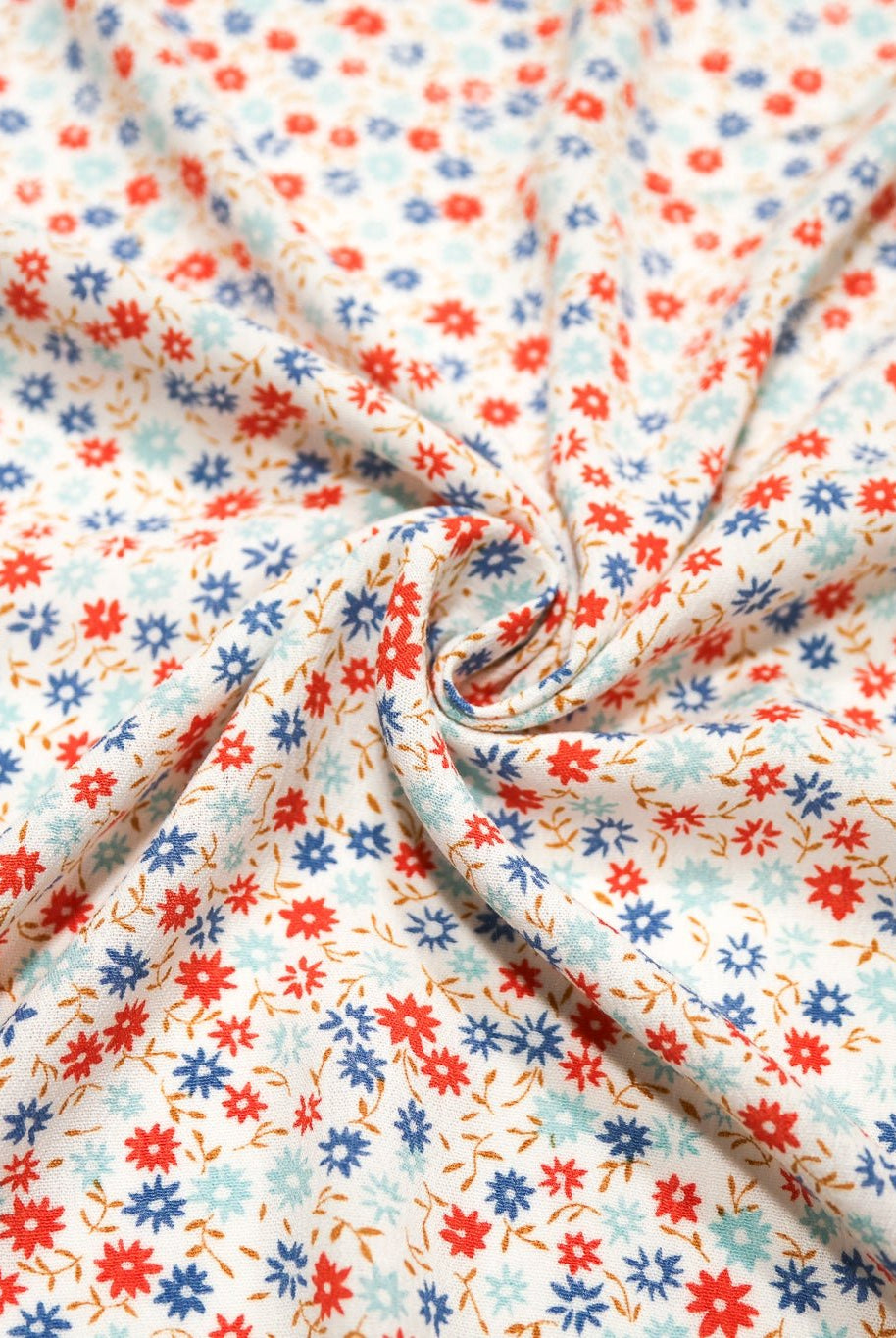 White with Red and Light Blue Ditsy Florals Rayon Crepe Woven Fabric - Boho Fabrics - Crepe, Woven