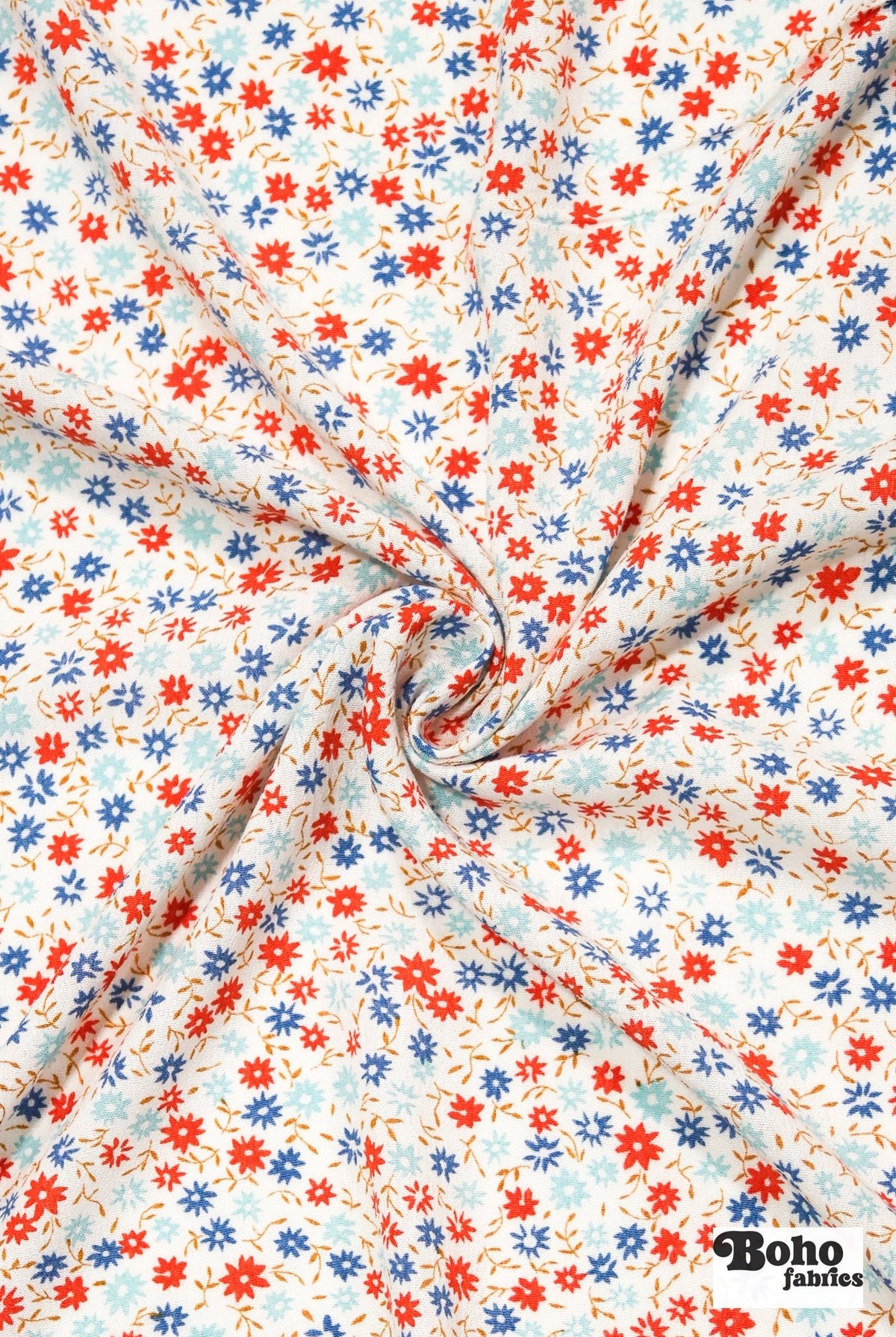 White with Red and Light Blue Ditsy Florals Rayon Crepe Woven Fabric - Boho Fabrics - Crepe, Woven