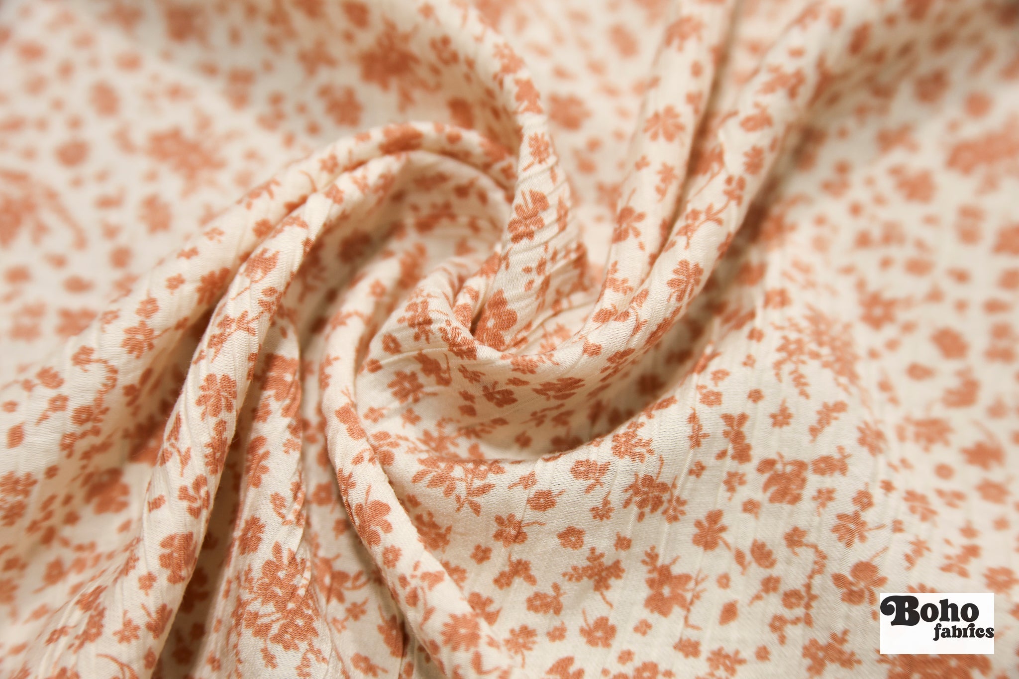 White with Tan Florals Crinkle Woven Fabric - Boho Fabrics - Woven Fabric