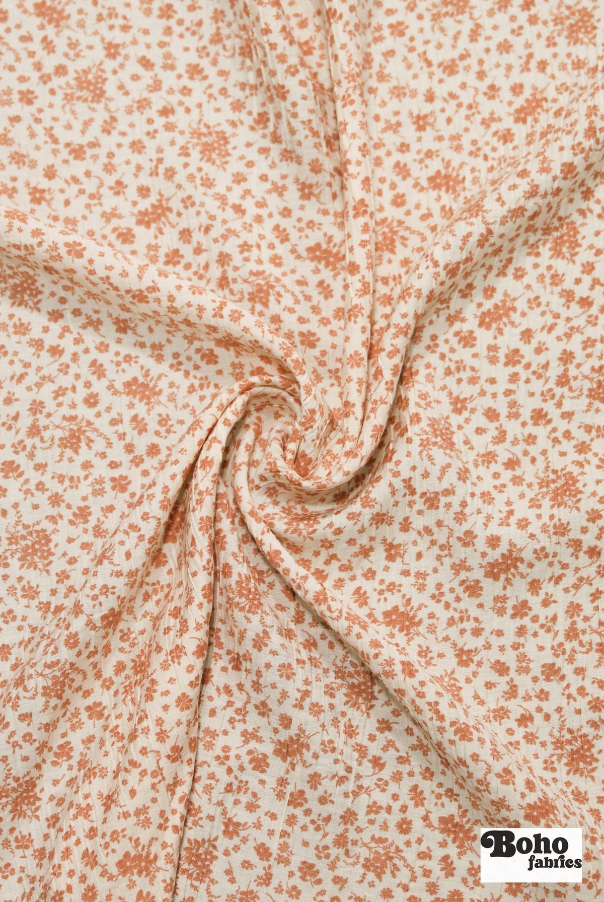 White with Tan Florals Crinkle Woven Fabric - Boho Fabrics - Woven Fabric