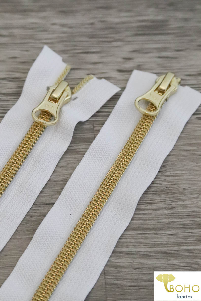 White/Gold, 2-Way Separating Jacket Zippers, Size 25"-30" - Boho Fabrics