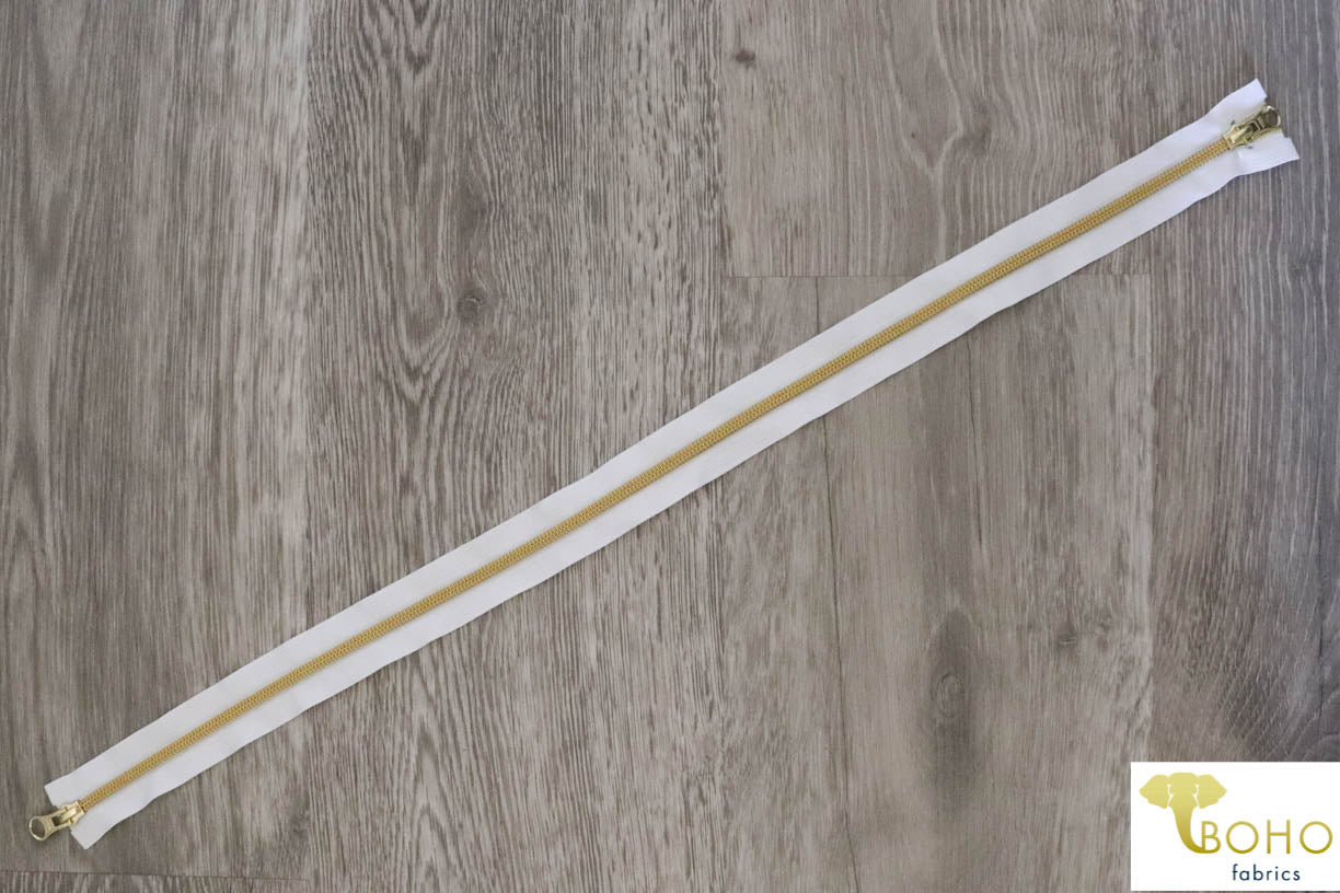 White/Gold, 2-Way Separating Jacket Zippers, Size 25"-30" - Boho Fabrics