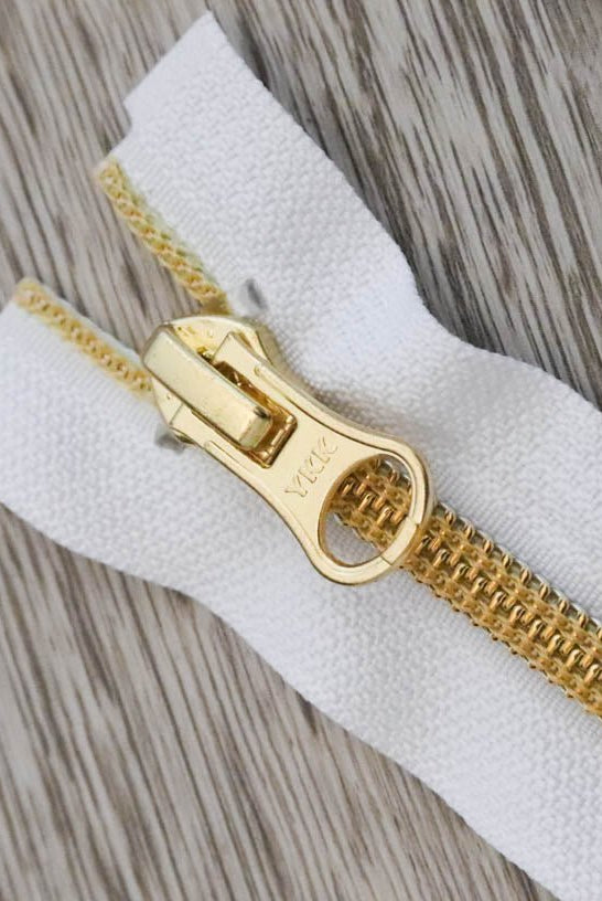 White/Gold, 2-Way Separating Jacket Zippers, Size 25"-30" - Boho Fabrics