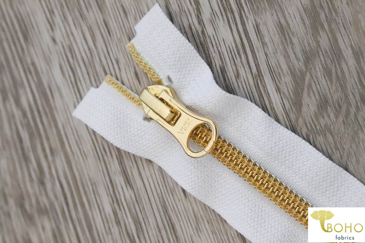 White/Gold, 2-Way Separating Jacket Zippers, Size 25"-30" - Boho Fabrics
