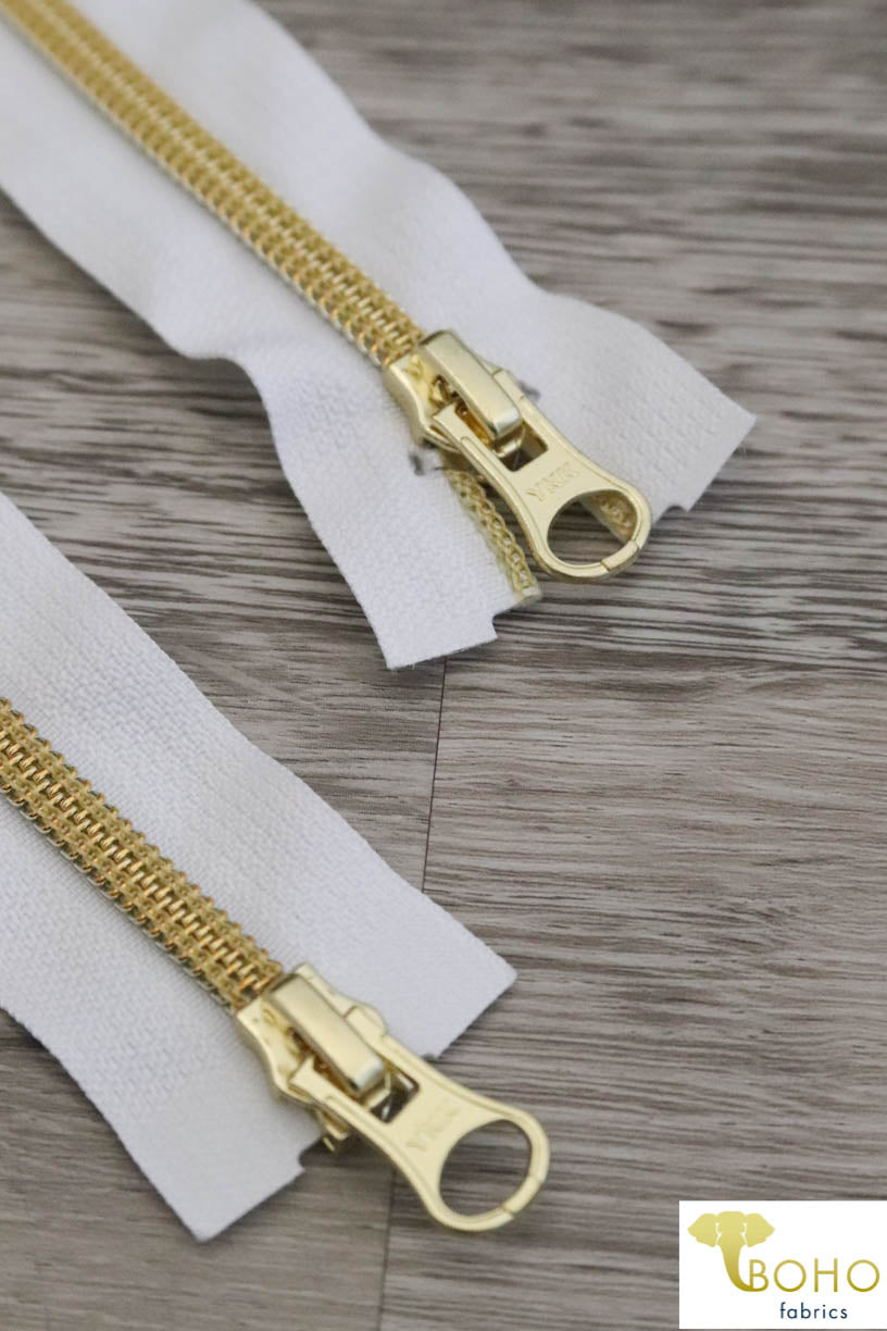 White/Gold, 2-Way Separating Jacket Zippers, Size 25"-30" - Boho Fabrics