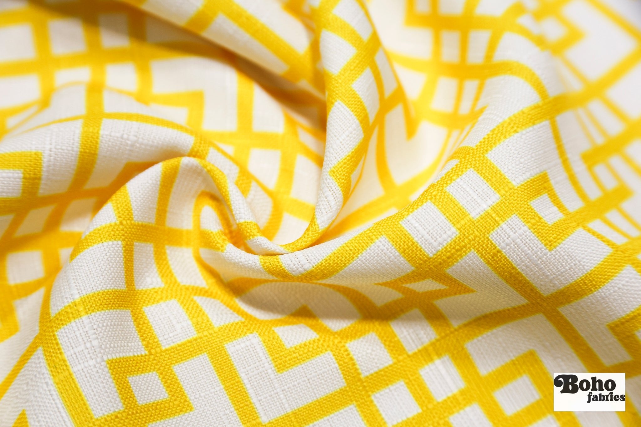 Yellow & White, Interlocking Squares Linen-Look Woven Fabric - Boho Fabrics - Home Dec. & Upholstery Fabric