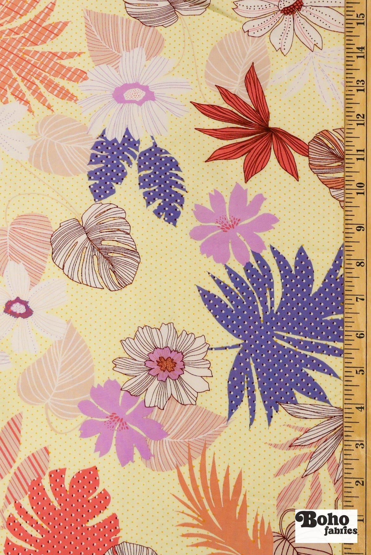 Yellow with Tropical Leaves and Polka Dot Florals Rayon Challis Woven Fabric - Boho Fabrics - Challis, Woven